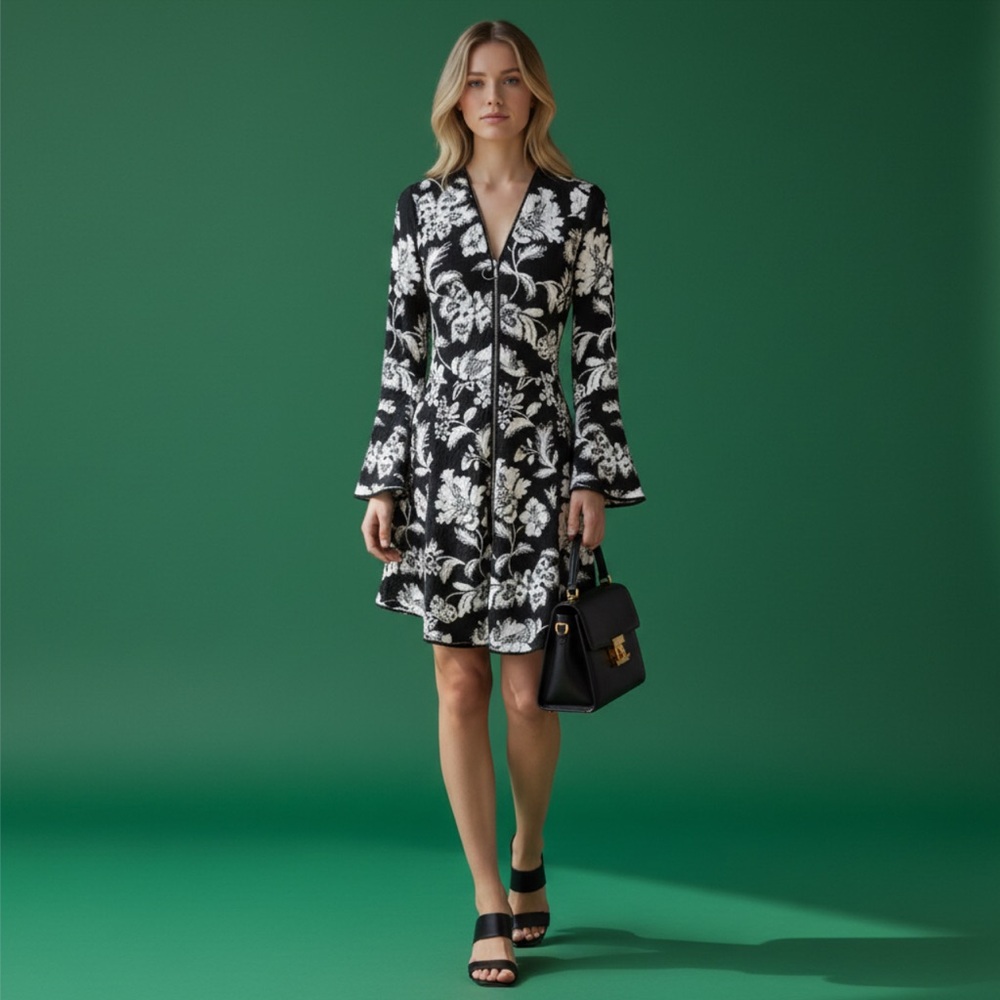 Black and White Floral Sweater Dress INC bell sleeve  fit and flare silhouette M